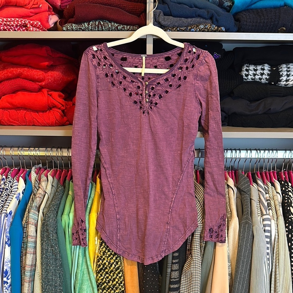 Free People purple long sleeve embroidered top size XS